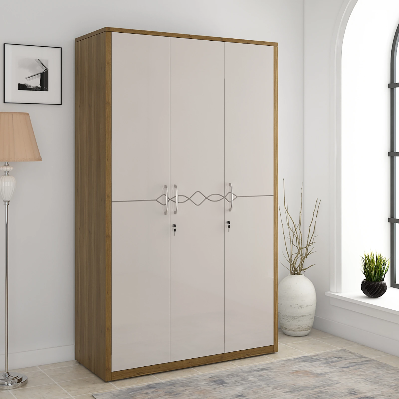 Pearl 3 Door Wardrobe - Ceramic High Gloss & Natural Teak